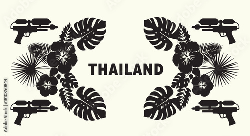 Thailand Songkran festival design featuring water guns and tropical plants