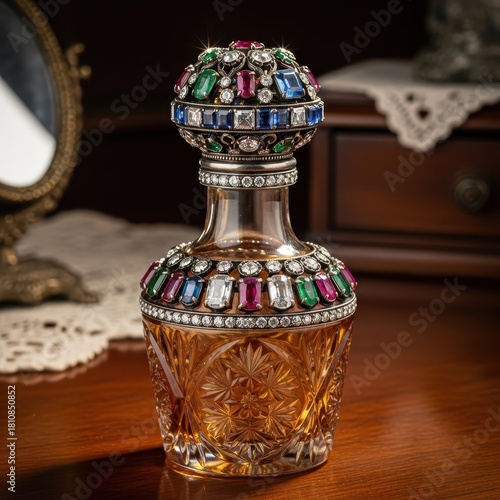 Vintage jeweled perfume bottle elegance evokes opulence, a treasure of handcrafted detail and