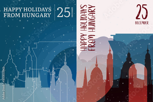 Vector posters and cards set for winter holiday greetings from Hungary – Christmas, New Year. Designs with Budapest and national landmarks, festive elements. Printable, editable