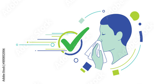 Person blowing nose into a tissue with a checkmark and abstract shapes, symbolizing health or a correct action.