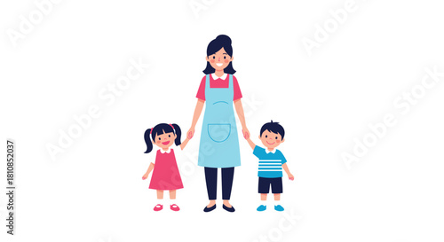 A smiling woman wearing an apron holds hands with a young girl and boy in front of a white background.