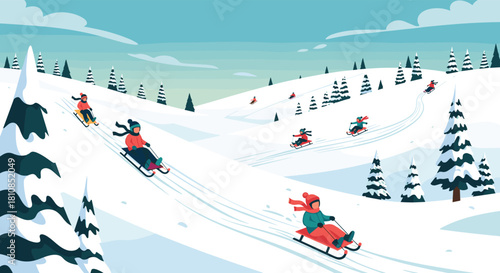Children joyfully sledding down a snowy hill in a picturesque winter landscape.