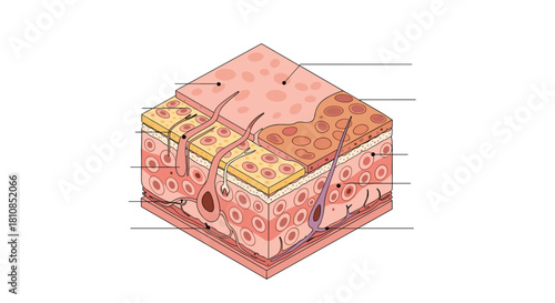 Cross section of human skin illustrating epidermis and dermis layers with hair follicles.