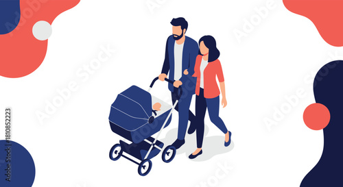 Young couple walking with a baby in a stroller on a white background.