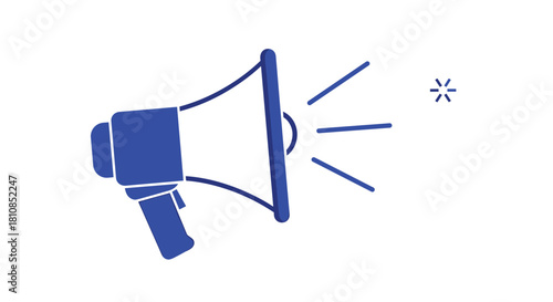Blue simple outline megaphone with sound waves and a small asterisk symbol.