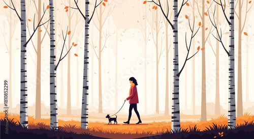 Person walking a small dog on a leash through a misty autumnal forest with birch trees.
