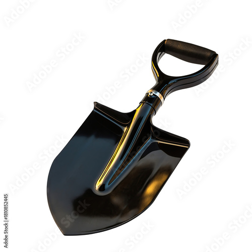 Shiny Black Metal Garden Shovel With Black Handle And Reflective Golden Orange Sunlight Studio Shot Isolated On Black Background