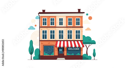 Flat illustration of a colorful three-story building with trees and clouds, ideal for commercial themes.