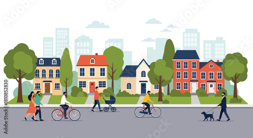 Diverse group of people enjoying a sunny day in a suburban neighborhood with houses and trees.