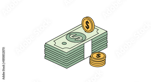 Illustration of a stack of money with coins on top and next to it.