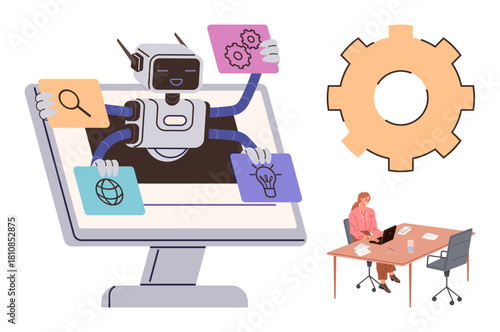 Robot emerges from screen holding icons for search, ideas, gears, and web, symbolizing automation efficiency. Professional works at table. Ideal for technology, AI, automation innovation