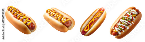 Hot dog set isolated on a transparent PNG background, white background, cut out