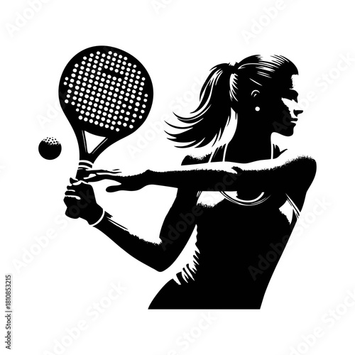 Female Tennis and Padel Player Silhouette Vector. Woman athlete executing low backhand volley in lunging pose isolated on white.