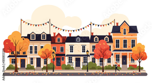 Illustration of colorful townhouses decorated with autumn leaves and festive banners.