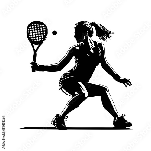 Female Tennis and Padel Player Silhouette Vector. Woman athlete executing low backhand volley in lunging pose isolated on white.