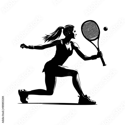 Female Tennis and Padel Player Silhouette Vector. Woman athlete executing low backhand volley in lunging pose isolated on white.