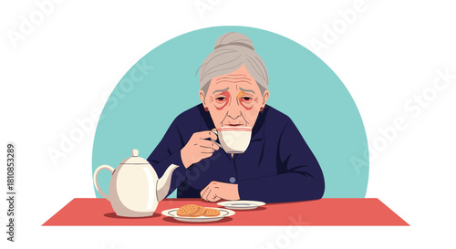 Elderly woman with droopy eyes drinks tea while sitting at a table with a teapot and cookies.