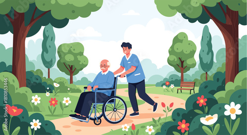 Caring caregiver pushes an elderly man in a wheelchair through a lush park with blooming flowers.