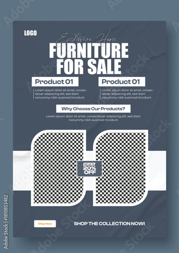 Modern furniture for sale advertisement with qr codes and space for product images and text