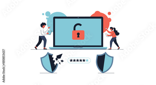 Digital security concept with open lock on laptop and broken shield symbolizing vulnerability.