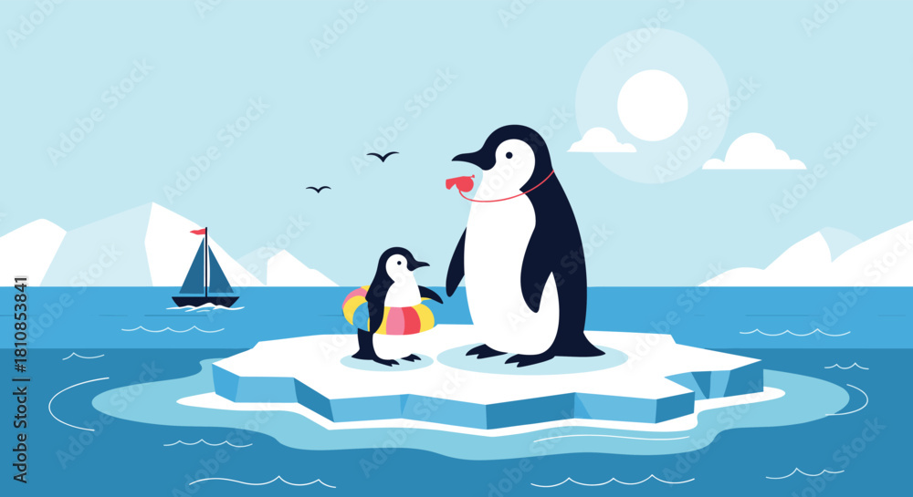 Obraz premium Two penguins on an ice floe in the ocean with a sailboat and mountains in the background.