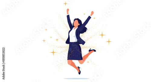 A woman in business attire jumps for joy with arms raised, surrounded by golden stars and sparkles.