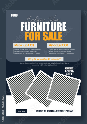 Modern furniture sale advertisement with qr codes and discount offers for online shopping and store visits