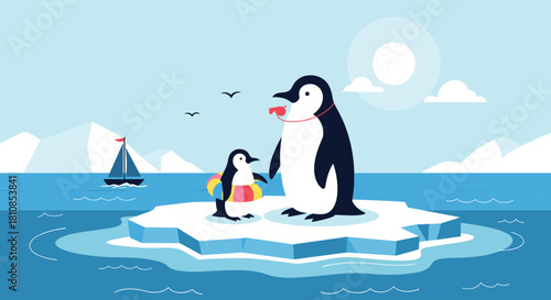 Two penguins on an ice floe in the ocean with a sailboat and mountains in the background.