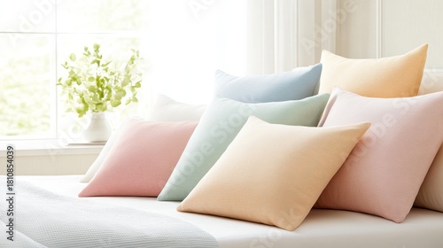 79.A woman lovingly arranges a collection of plush pillows on her bed, creating a sanctuary of comfort. Each pillow, in soft pastel tones, is carefully positioned to invite relaxation. The soft