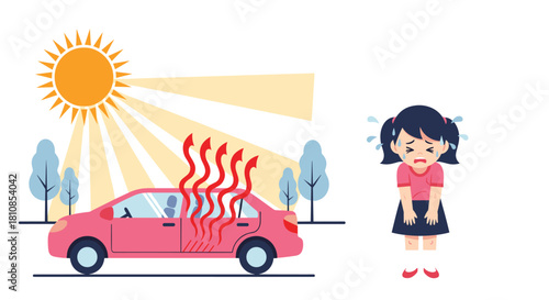 Child crying next to a car overheating in the hot sun.