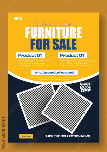 Modern furniture for sale advertisement with qr code and product details on a vibrant yellow and blue background