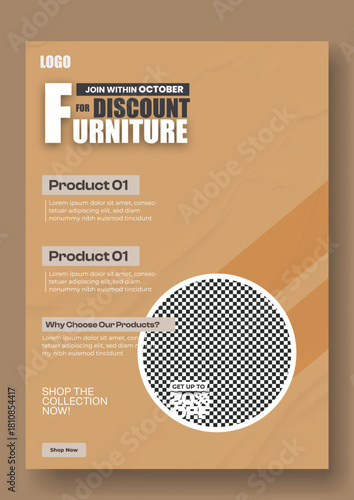 Modern discount furniture sale advertisement with qr code for special offers and promotions