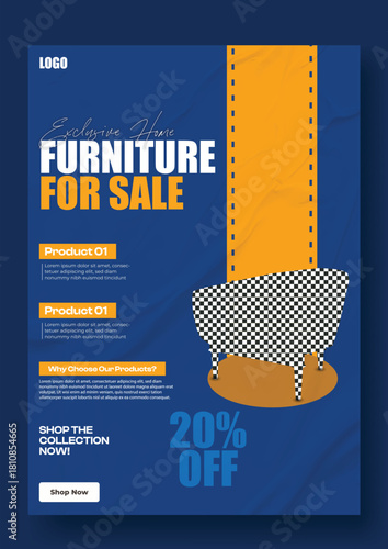 Modern furniture sale advertisement featuring stylish chairs and a discount offer on a blue background