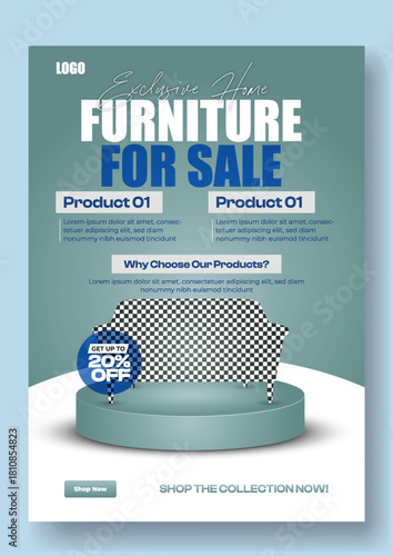 Modern furniture for sale advertisement with discount offer and product details on a clean background