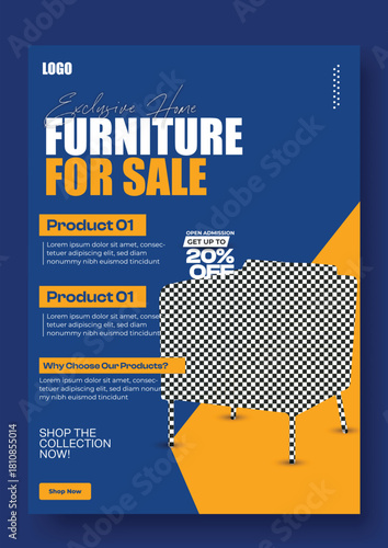 Modern furniture for sale social media post with discount offer featuring a stylish chair and geometric design elements
