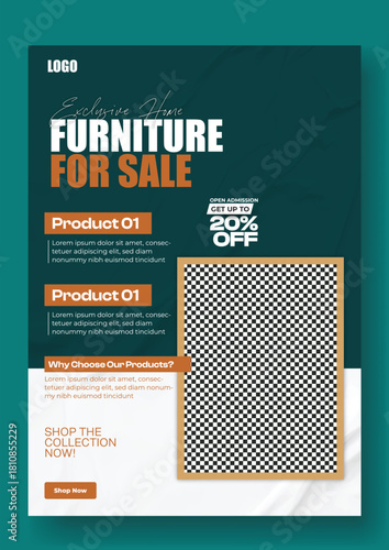 Modern furniture for sale advertisement with discount offer and qr code for online shopping