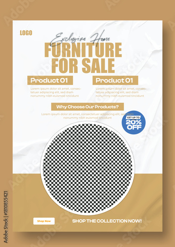 Modern furniture for sale social media post template with placeholder for product image and contact information