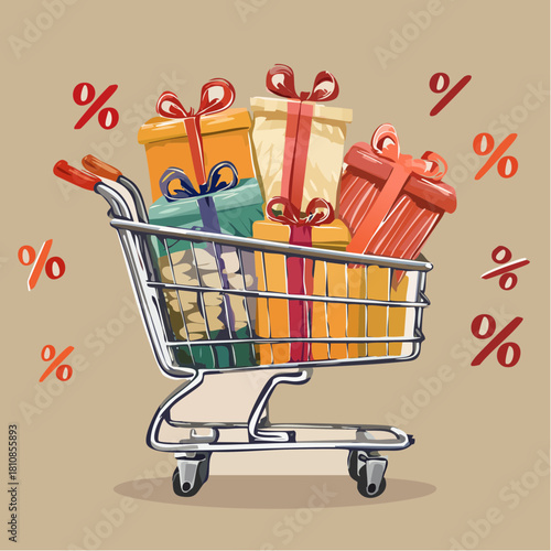 Shopping cart overflowing with beautifully wrapped gifts, perfect for promotions and sales events