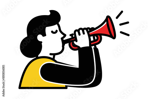 A stylized illustration of a person blowing into a red trumpet, making a loud announcement or fanfare.