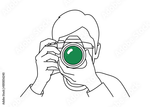 Person taking a photo with a camera, focusing on the lens, line art illustration.