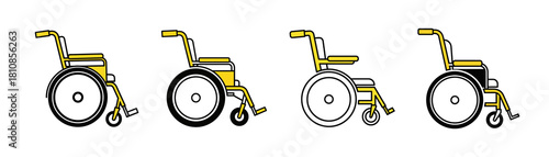 A set of four illustrations showing different styles of yellow manual wheelchairs from a side profile view.