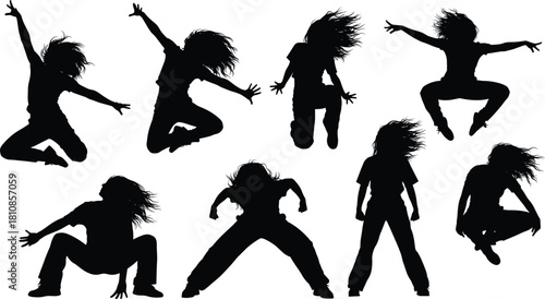 Dance silhouette poses, freestyle movement, energetic posture, black vector illustration, contemporary dancer, body expression, rhythm, performance art, motion concept, jumping action