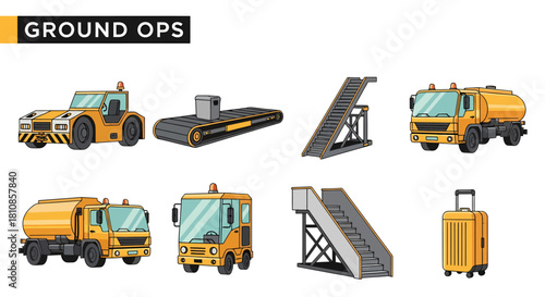 Collection of eight yellow and gray airport ground operations equipment illustrations