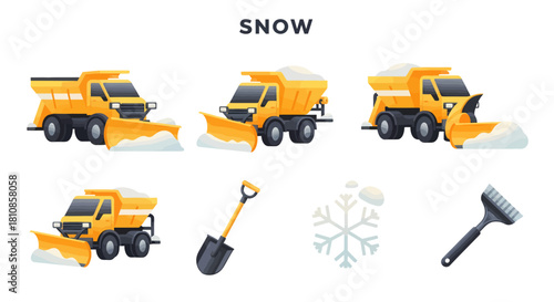 Collection of yellow snow plow trucks shovel snowflake and ice scraper icons on white