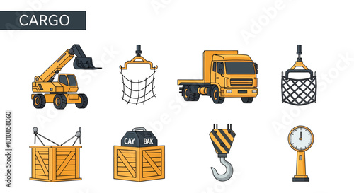 Eight yellow and black icons related to cargo including machinery containers and weighing tools