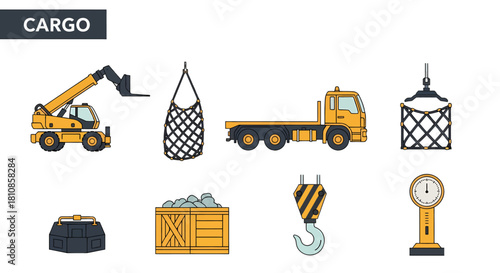 Flatdesign icons representing various cargo handling equipment and goods
