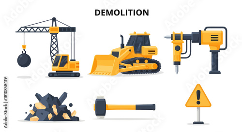 Illustration of six demolitionrelated tools and debris on a white background