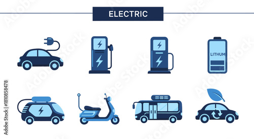 Set of eight blue and dark blue icons representing electric vehicles and charging infrastructure