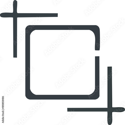 Graphic representation of framing or cropping tool with plus sign to convey selection process