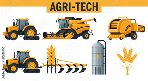 Illustration of various yellow agricultural machinery and wheat components labeled AGRITECH